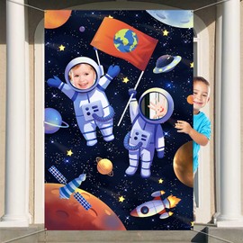Outer Space Theme Party Decorations, Large Fabric Astronaut Face Photography Banner Background, Astronaut Pretend Play Party Game Photo Props Backdrop, Universe Planets Theme Party Favor Supply