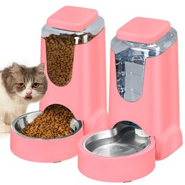 Automatic Cat Feeder and Water Dispenser with Stainless Steel Bowl Dog Gravity Food Feeder and Waterer for Small Medium Pets Puppy Kitten 1 Gallon x 2