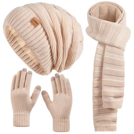 Women Beanie Hat Scarf Gloves Set Fleece Lined Winter Warm Hat Knit Touchscreen Gloves for Cold Weather