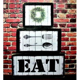 handmade EAT w/ Fork and Spoon Farmhouse Kitchen Stacking Blocks Wooden Sign Set Decor