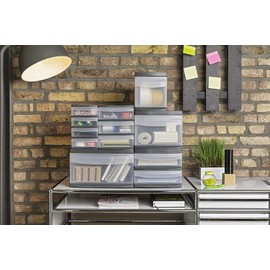 Rotho Systemix Tower Plastic Storage Box, Size XS, 19.6 x 14 x 23.3 cm, Transparent Storage System, DIN A6 Office Box for Desk, Office