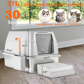 Stainless Steel Cat Litter Box with Lid, Extra Large Enclosed Metal Litter Box with Litter Scoop & High Sided Enclosure, Anti-Leakage, Non-Sticky, Easy Cleaning (Grey)