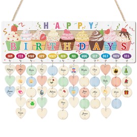 CHDITB 3D Classroom Birthday Chart Wall Hanging(16"x5"), Wooden Family Calendar Reminder for Classroom Students Kids, Cute Cupcake Theme Birthday Board Tracker with 100 Round Heart Tags