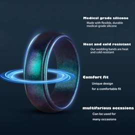 hexiaoxiao Rubber Wedding Bands Men,Men's Silicone Rings Male silicone Wedding ring Rubber Engagement Rings for him (Pack A:Curved step(Black Green Blue Purple), 14)