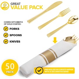 Joyido 50Guests Pre Rolled Gold Plastic Silverware Sets - Heavy Duty Gold Cutlery - Include 50 Pack Wrapped Disposable Utensils with Napkins for Parties, Dinners & Weddings