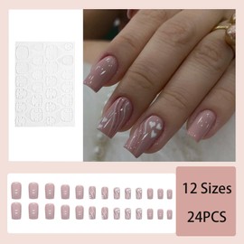 24-Piece Pink Glittery Squared False Nails with Swirl Design, White Heart Accents, Removable Glue-on for Women & Girls Nail Art Accessory