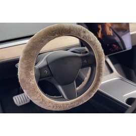 Natural Sheepskin Steering Wheel Cover for Women and Men | 100% Genuine Sheepskin Wool Furry 15” Universal Fit Steering Wheel Covers with Elastic Piping on Edges (Taupe)