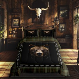 Brown Bear Head Comforter Set King Size 3 Pcs Rustic Farmhouse Vintage Grid Bedding Comforter for Kids Teens Adults Cute Watercolor Wild Jungle Animal Cabin Bedroom Quilt Set with 2 Pillowcases