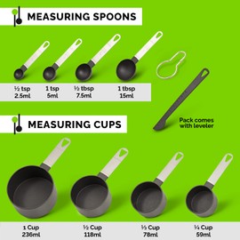 KETPOT 9 Pcs Measuring Cups and Spoons Set,4 Measuring Cups / 4 Measuring Spoons & 1 Leveler, Cup Measurements Set with Engraved Scale for Liquid & Dry Ingredients – Black