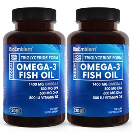 BioEmblem BioEmblem Omega-3 Fish Oil 2000mg - Small Size Softgels, High Absorption Form, Sustainable - 1400mg EPA &DHA Plus Vitamin D3, Non-GMO, Heart, Joint, & Brain Health Fish Oil Supplement, 240 Ct