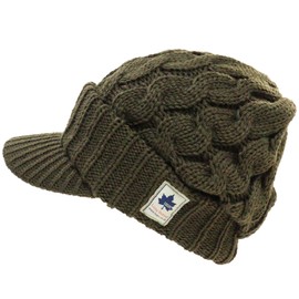 Logos Knit Hat with Brim Solid Color Cable Knit, Khaki