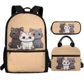 Tongluoye Girls Lunch Box and Backpack Cat Bookbag with Lunch Box and Pencil Case School Bags for Kids 7-10 10-12 17inch Back Pack Preschool Primary Students Schoolbag Set 3 In 1