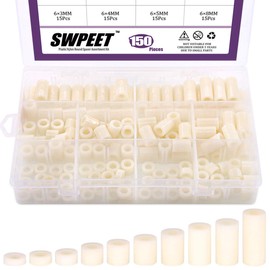 Swpeet 150Pcs Nylon Round Spacer Standoff Screw Nut Assortment Kit, Nylon PA66 Plastic Standoff OD 11mm and ID 6.2mm Length 3mm 4mm 5mm 8mm 10mm 12mm 15mm 18mm 20mm 25mm for M6 Screws Prototyping