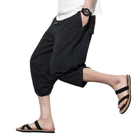 PRIJOUHE Men's Harem Capri Pants, Wide Leg Mens Capris, Summer Linen Pants B-Black