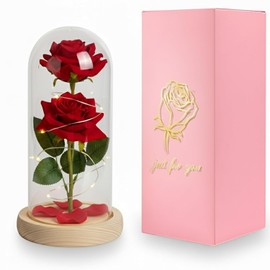 EYNSHOO Rosa Flor Eterna, la Bella y la Bestia, Rosas Flor Artificial Luces LED, con Cúpula, Base Pino y Doble Rosas, Romántico Regalo para Novia o Esposa, San Valentín, Día De Madre, Boda Aniversario