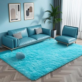 HQAYW Modern Fluffy Area Rug, Shaggy Rugs for Bedroom Living Room Ultra Soft Shag Fur Carpets for Kids Girls Nursery Plush Fuzzy Rug Cute Home Decor Rug, 4' x 6', Teal Blue