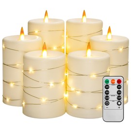 Upinmz 6 Pack Flickering Flameless Candles with String Lights,Unbreakable Acrylic Battery Operated Candle with Remote Control and Timer - Ivory White