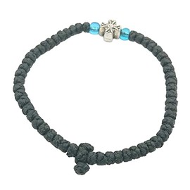 Blessed Handmade Greek Christian Orthodox Waxed Prayer Rope from Mt.Athos (Komboskoini Chotki) Thin Black with cross and beads Fragrance With Holy (Chrism- Myrrh)
