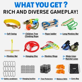 Ninja Warrior Obstacle Course for Kids-Ninja Slackline with Multiple Accessories for Kids,Contain Swings,Rope ladders,Rings,Ninja Couse for Kids Outside (2x50ft)