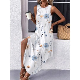 Zeagoo Womens Floral Dresses Casual Summer Beach Sundress Loose Fit Long Dress Flower Print Tank T Shirt Dress 2025, White Floral,L