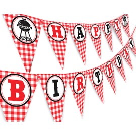 Picnic Happy Birthday Banner - BBQ Birthday Party Pennant - Red Gingham Banner