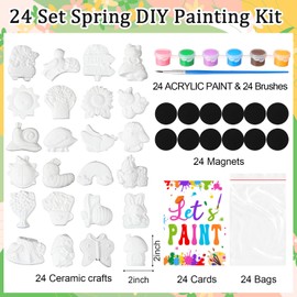 24 Set Spring Painting Ceramic Kit End of Year Student Gifts Paint Your Own Flower Butterfly Statues DIY Ceramics to Paint Craft Unpainted Plaster Figurines with Magnet Brush Paints for Kid Adult