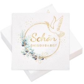 100 Napkins Birthday Wedding Eucalyptus Schön Dass Du Da Bist Table Decoration, 3-Ply Napkins 33 x 33 cm, for Birthday, Wedding, Christening, Communion, Confirmation, Party Table Decoration