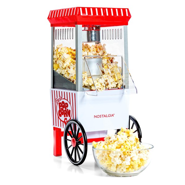 Nostalgia Popcorn Maker, 12 Cups, Hot Air Popcorn Machine with Measuring Cap, Oil Free, Vintage Movie Theater Style, White & Red