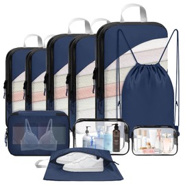 Qlfyuu 10-Piece Suitcase Organiser Set, Packing Cubes Compression for Backpack and Suitcase, Packing Cubes for Travel, Travel Essentials Suitcase Organiser, Packing Bags for Suitcases, Marine