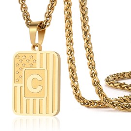 DuoDiner Letter C Initial Necklaces for Men Boys Teen Teenager, American Flag Pendent Chain Stainless Steel Dog Tag Male Necklace Jewelry Gifts (Gold)