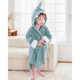Boys Girls Dressing Gown Soft Cotton Bath Robe, Qiuck Dry Kids Hooded Bathrobe Towel Robe with Cute Animal Design, Blue Shark 3-4 Years
