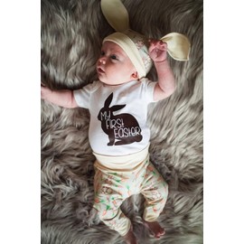 VSQWLZT My 1st Easter Outfits Infant Baby Boy Short Sleeve Romper Bunny Onesie + Pants + Hat 3Pcs Clothes Set (White Bunny, 3-6 Months)