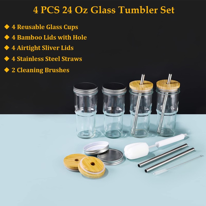 ASANMEYO 4 Pcs 24 oz Glass Cups With Bamboo Lids