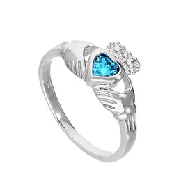 Sterling Silver & Aquamarine CZ Crystal March Birthstone Claddagh Ring Size U (Available I - U)