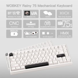 KEEBMONKEY WOBKEY Rainy 75 CNC Aluminum HMX/JWK/Cocoa Switches Triple-Mode Connectivity Mechanical Keyboard with Superior Acoustics, No RGB/PP/Mirrored Glass/3500mAh/Violet Switch (Lite - Silver)