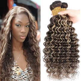 Dokksiiia Piano Color P4613 Highlight Deep Wave Human Hair Bundles Chocolate Brown and Light Blonde Bundles Double Weft Brazilian Human Hair Sew-In Weave Extensions 10 12 14 Inch for Black Women