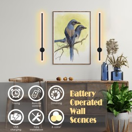 Daoteper Battery Operated Wall Sconces Set of Two, USB Rechargeable Wall Lights with Remote Control, Dimmable Wireless Wall Lamp, 3 Color Mood Light for Hallway Living Room Bedroom