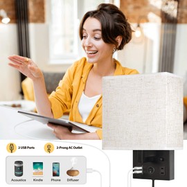 CADUKE Bedside Wall Lamp Set of 2, Plug in Wall Sconce with USB Charging Port and AC Outlet, Modern Black Brushed Nickel Wall Light with Plug in Cord for Living Room Office, E26 LED Bulb Included