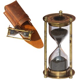 1 Minute Decorative Nautical Vintage Antique Style Brass Sand Timer w/Safety Leather Case Christmas Décor, Small Brass Sand Clock, Metal Unique Hour Glass Sandglass for Office Desk Home Gifts Kitchen