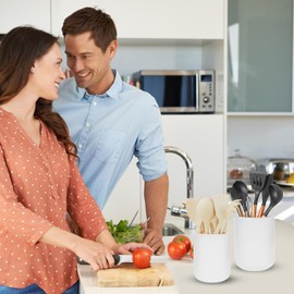 YKDGBRE 2 Pcs Kitchen Ceramic Utensil Holder for Countertop, Utensil Crocks Plant Vase Spoon Spatula Holder Modern Cooking Utensils Holder (White)