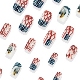 4th of July Nails Eagle Press on Nails Medium Length Square Fake Nails Independence Day False Nails Glossy Full Cover Glossy Glue on Nails for Women Nails 24 Pcs