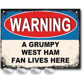 West Ham Gifts for Men - or Boys Funny The Hammers Football Grumpy West Ham Fan Lives Here Metal Sign, Mens Metal Poster for Dads FC Man Cave or Home Bar Signs