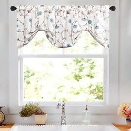 VOGOL Tie Up Valances for Windows of Kitchen, Blue Floral Embroidered Tie-up Adjustable Valance for Small Windows, Rod Pocket, 52 x 18 Inches, One Panel