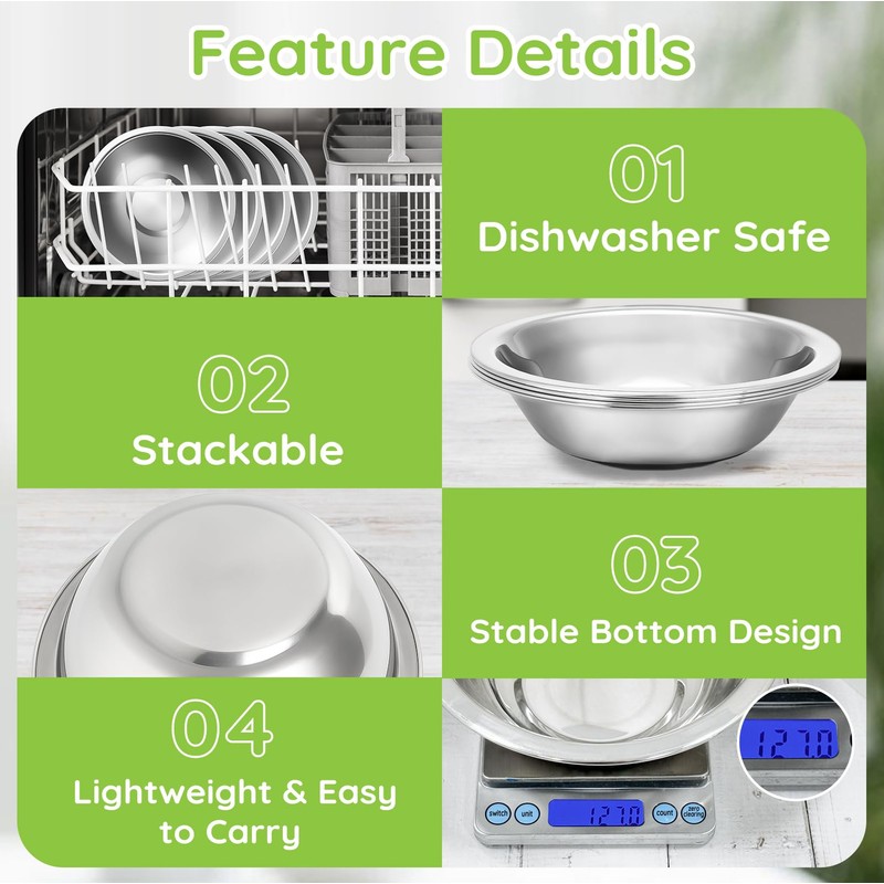 Offiper 304(18/8) Stainless Steel Mixing Bowls for Kitchen, 4 Pack