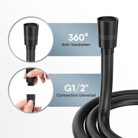 Yuanny Shower Hose Black PVC 1.5 m with Twist Protection and Anti-Kink Protection, Flexible Shower Hose with Premium Double Brass Head, Universal G1/2 Inch Connection