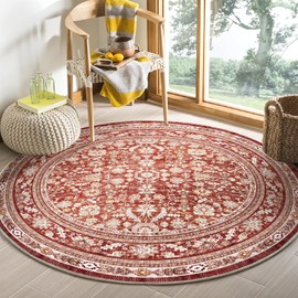 OPPODREAM Vintage Red Round Rug 3ft, 3 ft Retro Washable Circle Rug Non Slip, Low-Pile Faux Wool Circular Carpet, Soft Distressed Floor Mat for Living Room, Bedroom, Office, Dorm, Dinning Room