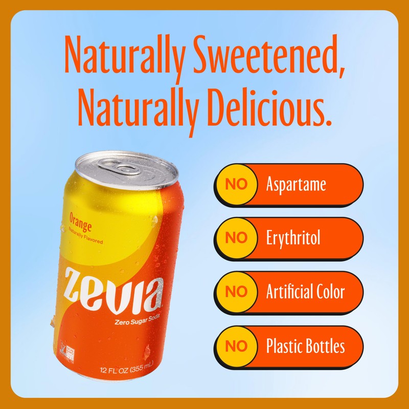 Zevia Zero Calorie Soda, Orange, 12 Ounce Cans (Pack of