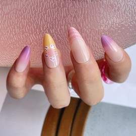 3D Tropical Floral Press on Nails Medium Almond Fake Nails Colourful 3D Curve Line Bright Flower Summer False Nail Beach Handmade Glossy Reusable Full Art Cover Stick on Nails for Women 24 PCS