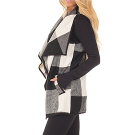 YACUN Women Buffalo Plaid Vest Lapel Open Front Sleeveless Jacket Outerwear Cardigan with Pockets Black L