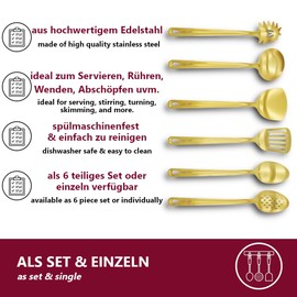 HOOZ 6-Piece Kitchen Utensil Set, Stainless Steel Kitchenware Set, Kitchen Utensil Includes 1 x Soup Ladle, 2 x Spatulas, 1 x Slotted Spoon, 1 x Spaghetti Spoon, 1 x Serving Spoon (Gold)